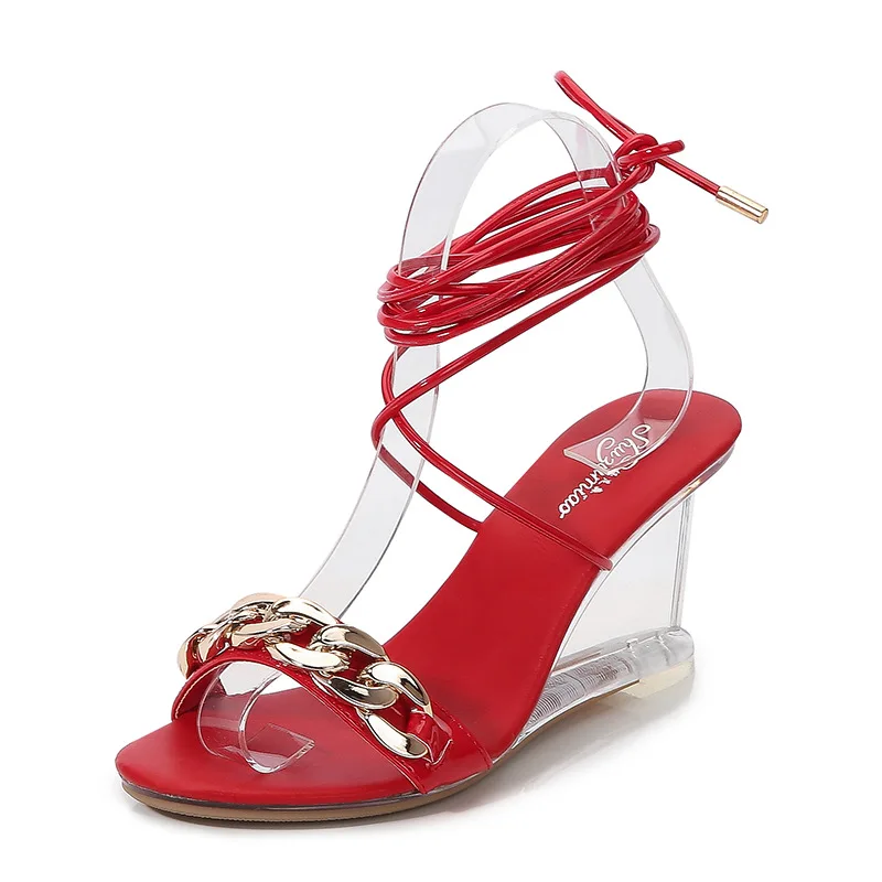 Летняя женская обувь на высоком каблуке Mclubgirl, новая универсальная женская обувь с пряжкой в одно слово, простой уклон с прозрачными босоножками LFD