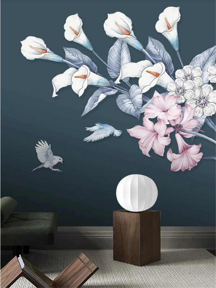 beibehang Пользовательские обои 3d большая фреска Nordic hd ручная роспись маленький свежий цветок каллы птица фон стены гостиной обои