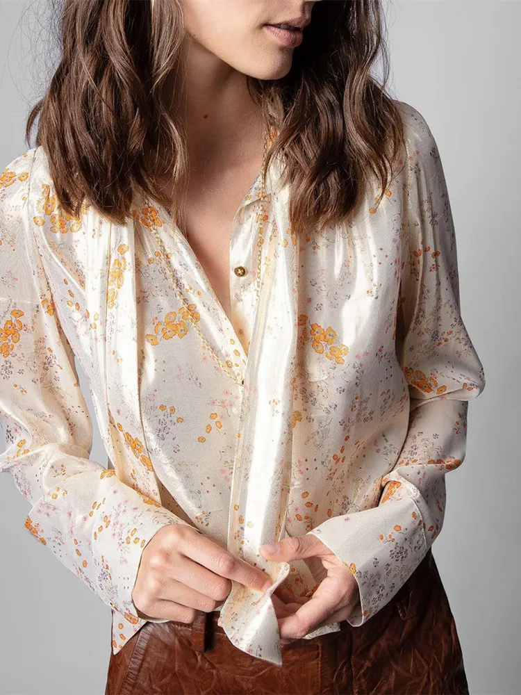 Женская шелковая блузка с ленточным воротником и цветочным принтом, весенне-осенний однобортный топ, женская элегантная рубашка с длинным рукавом