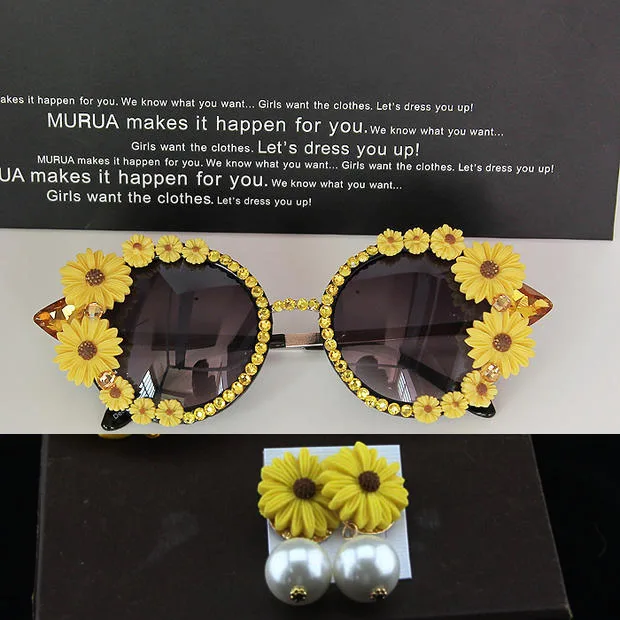 Женские дизайнерские очки в стиле барокко для женщин и девочек со стразами, солнцезащитные очки в стиле ретро с цветочным рисунком и серьгой в тон.