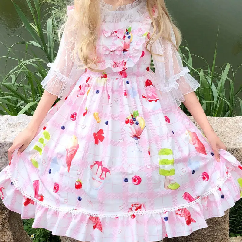 Японское платье в стиле Лолиты 2023, летнее платье-мороженое с милым принтом, принцесса Каваи для девочек, ежедневное чаепитие, платье для куклы без рукавов для женщин