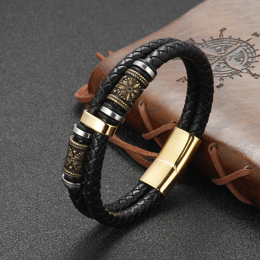 Мужской плетеный браслет из многослойной кожи с магнитной застежкой из нержавеющей стали, в скандинавском стиле викингов, подарок для пары