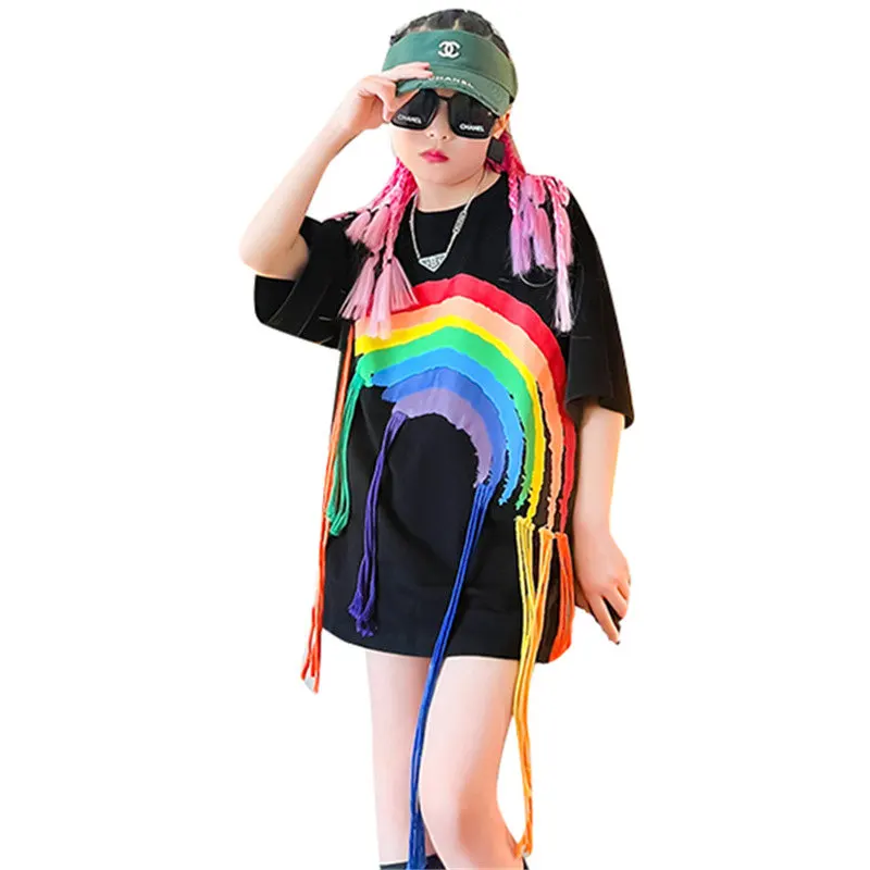Модная Уличная одежда для мальчиков и девочек, Футболки с Радужными кисточками, Топы в стиле Хип-хоп, Крутая Хлопковая Черная футболка, Детская одежда от 5 до 14 лет