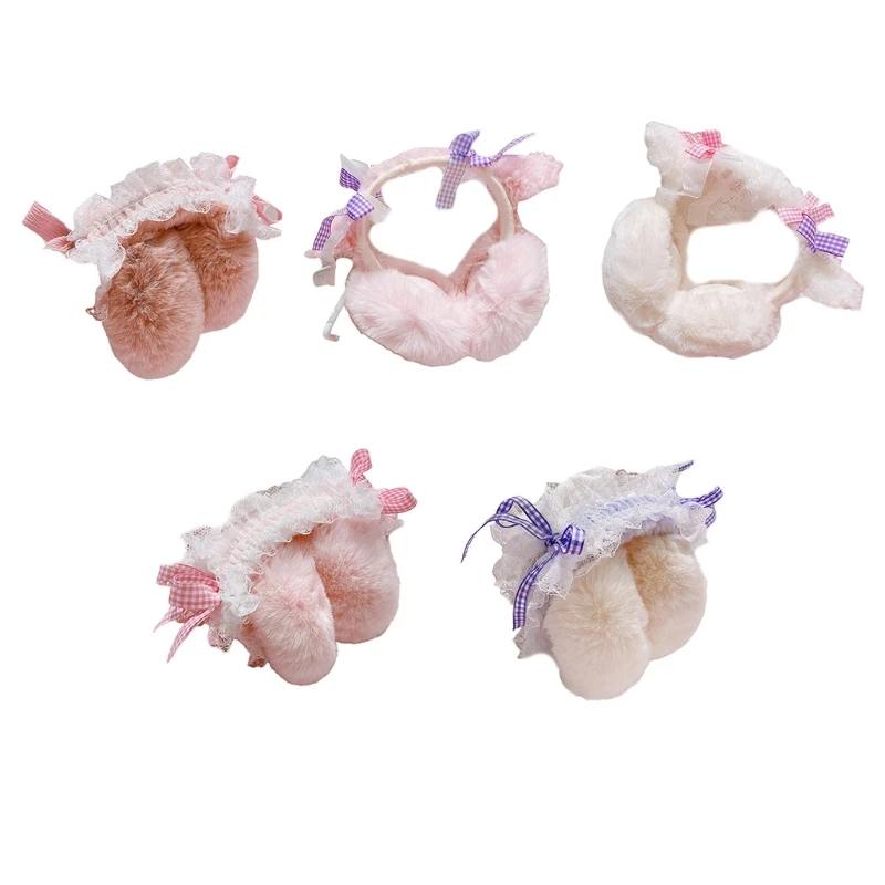 Зимние наушники для девочек в стиле Лолиты, наушники с бантиками, повязка на голову, Кружевные Ушные муфты