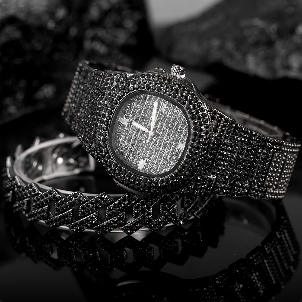 Ожерелье + часы + браслет Хип-хоп Майами Снаряженная Кубинская цепочка Черного цвета, покрытая льдом, выложенная стразами CZ Bling Для мужских ювелирных изделий