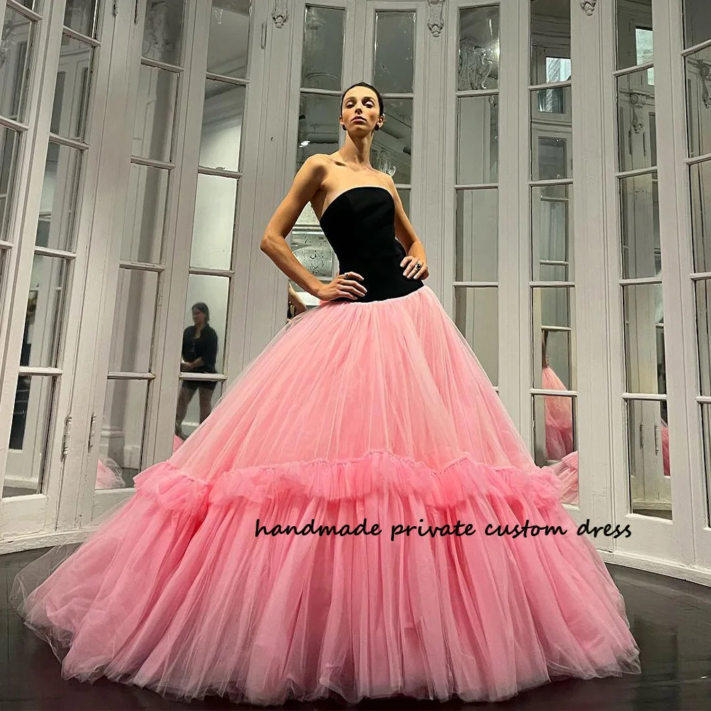 Розовые тюлевые вечерние платья трапециевидной формы, бальное платье, черное платье принцессы без бретелек для выпускного вечера, роскошные длинные платья для празднования событий