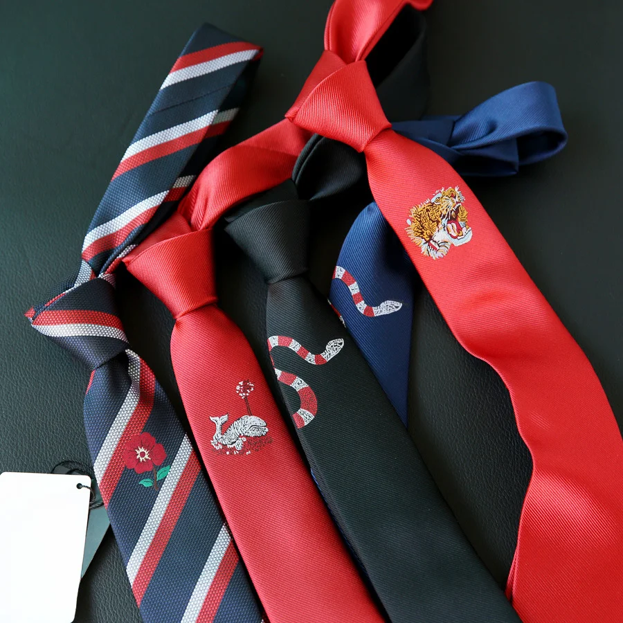 Новый вышитый Черно-красный Позиционирующий галстук Мужская вышивка Корейский Узкий 5 см 6 см Трендовый галстук Деловые Свадебные аксессуары