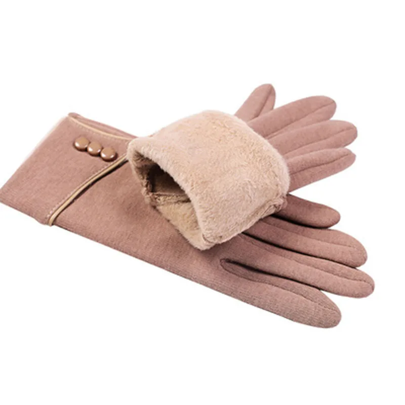 Женские зимние перчатки с сенсорным экраном, однотонная подкладка, плюс бархатные теплые перчатки на толстых пуговицах, зимние велосипедные варежки для вождения E23
