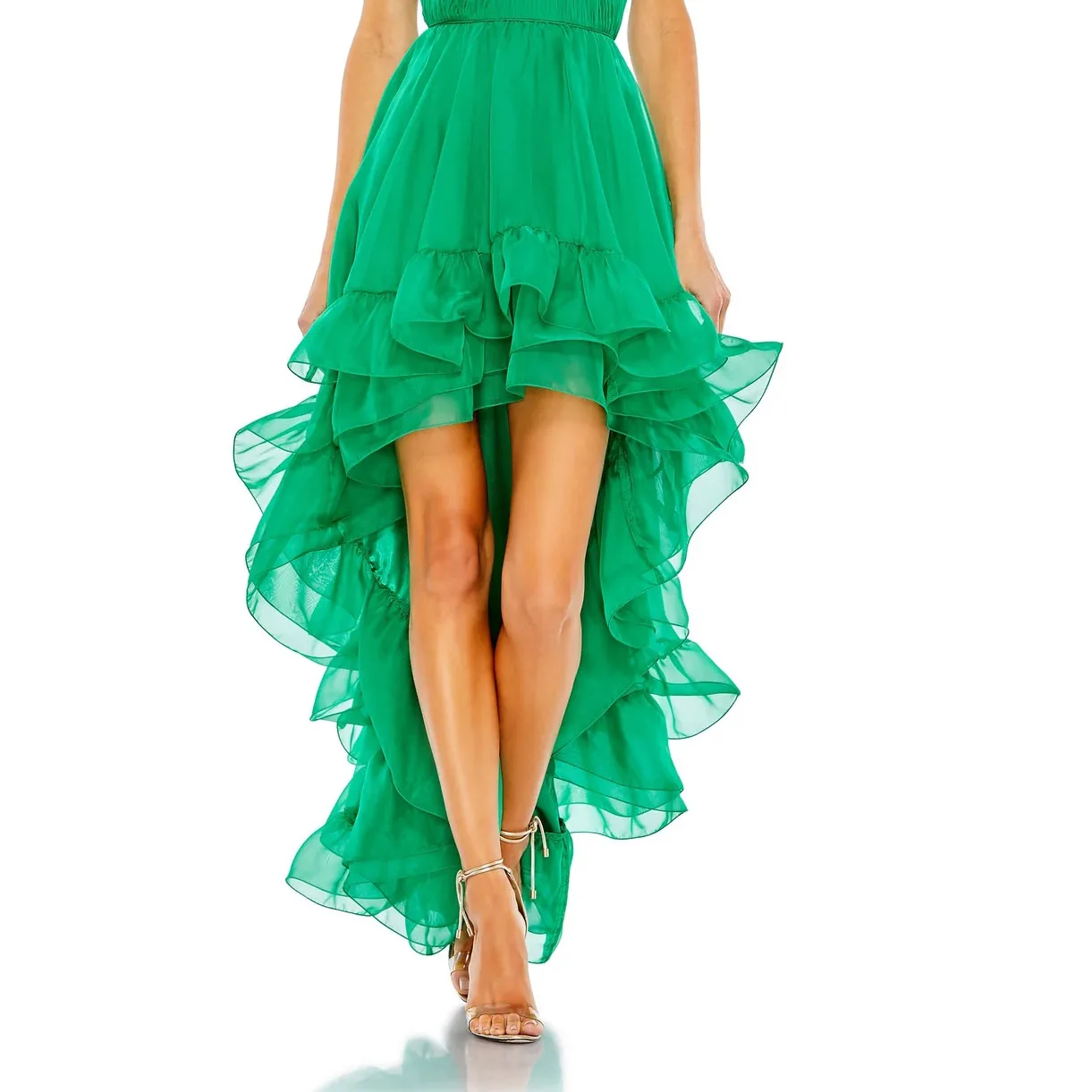 Потрясающие Зеленые женские юбки с высокими и низкими рюшами, пояс на молнии, Довольно Длинные женские юбки Макси, Женская юбка
