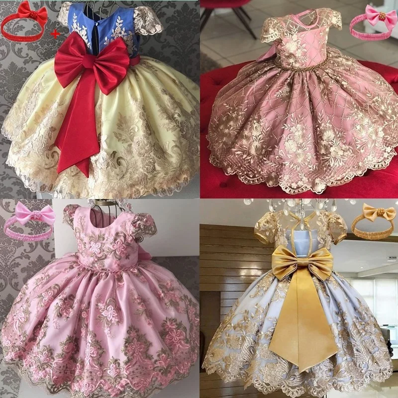 Вечернее платье для маленькой девочки, винтажное кружевное платье, элегантное, с вышивкой, для дня рождения принцессы, выпускной