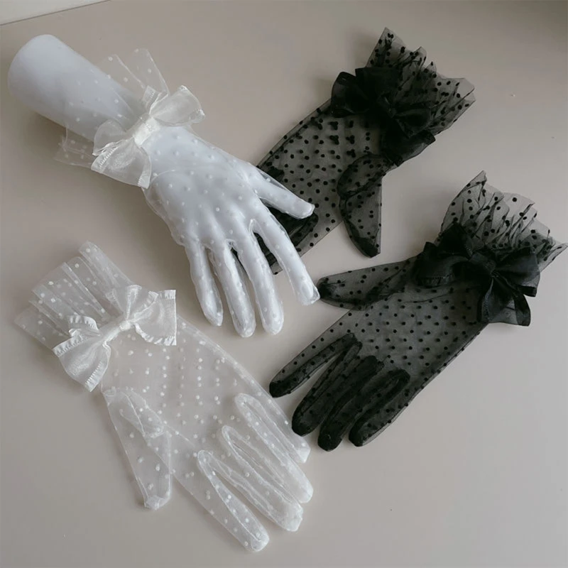Винтажные перчатки в горошек длиной до запястья, черно-белые вечерние перчатки, кружевные короткие перчатки, свадебные аксессуары для банкетов