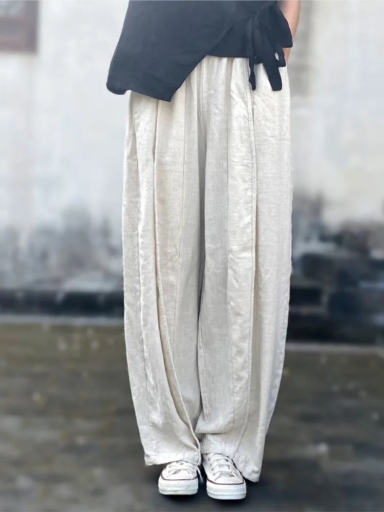 Женские весенне-летние льняные брюки с эластичной резинкой на талии, женские винтажные однотонные брюки, женские 2023