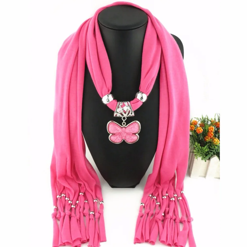 Модный шарф с кисточкой из полиэстера, ювелирное ожерелье с подвеской из твердой смолы, Женская подвеска-бабочка, Женская шаль, шарфы из сплава, аксессуары