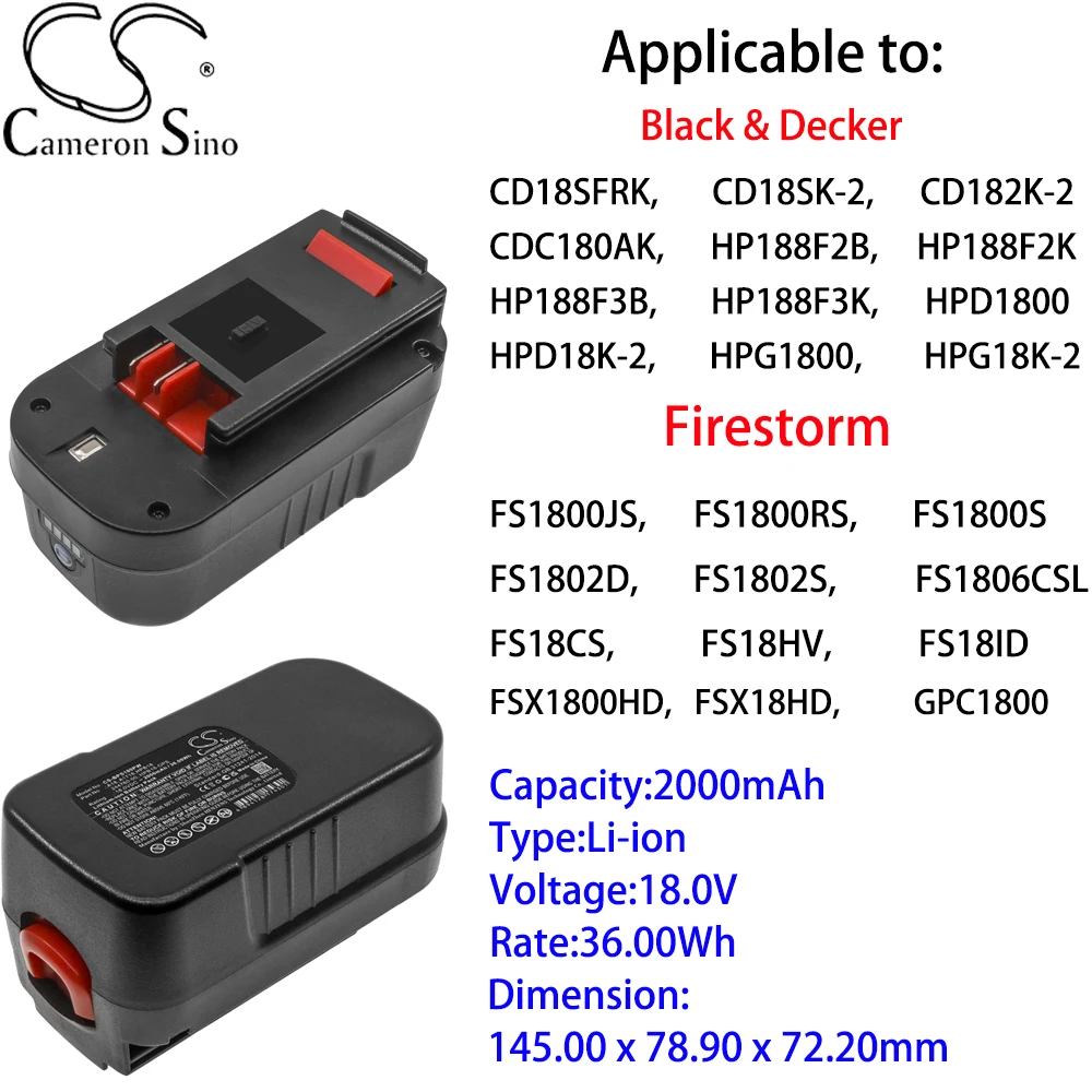 Литиевая батарея Cameron Sino 2000 мАч 18,0 В для Black & Decker CD18SK-2, CD182K-2, CDC180AK, HP188F2B, HP188F2K, HP188F3B, SS18