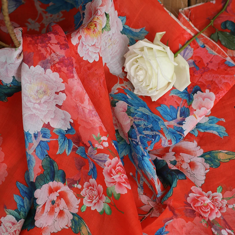 Высококачественная новая натуральная ткань ramie, пион, ретро цветы, печать, шитье, подкладка для юбки, платье, рубашка, материал сумки