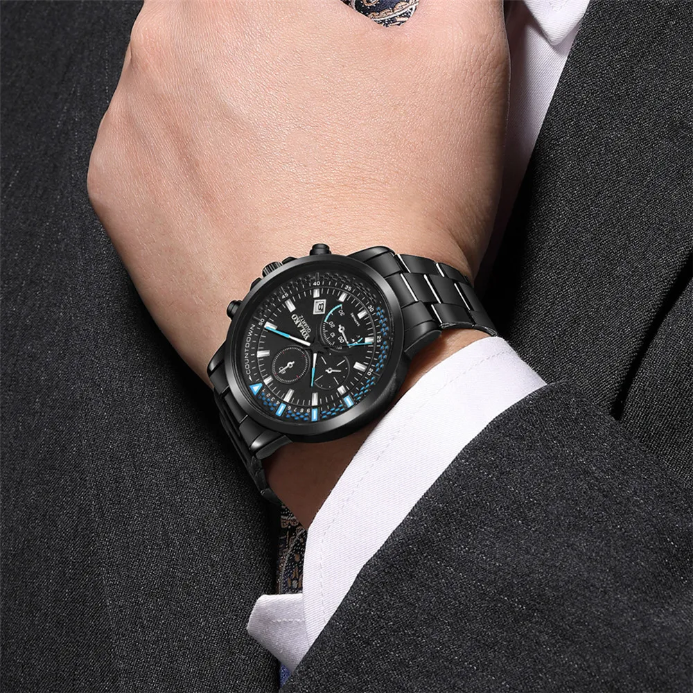 2023 Весенний новый мужской календарь Стальные трехглазые кварцевые мужские часы для отдыха в британском стиле, деловые офисные часы