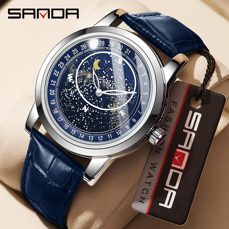 SANDA 2022 Новые мужские часы, роскошные Мужские наручные часы со светящимся вращающимся циферблатом из Лунного камня, Водонепроницаемые Кожаные кварцевые часы, мужские