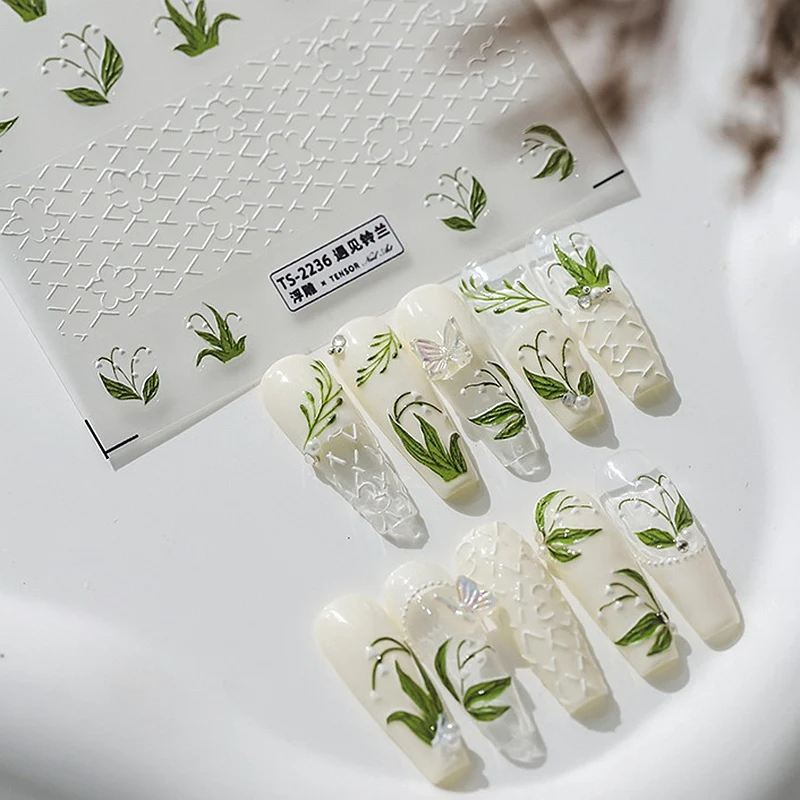 1 лист 5D реалистичного рельефа Встречайте Белые цветы ландыша, Решетчатые клейкие наклейки для дизайна ногтей, наклейки для маникюра, украшения