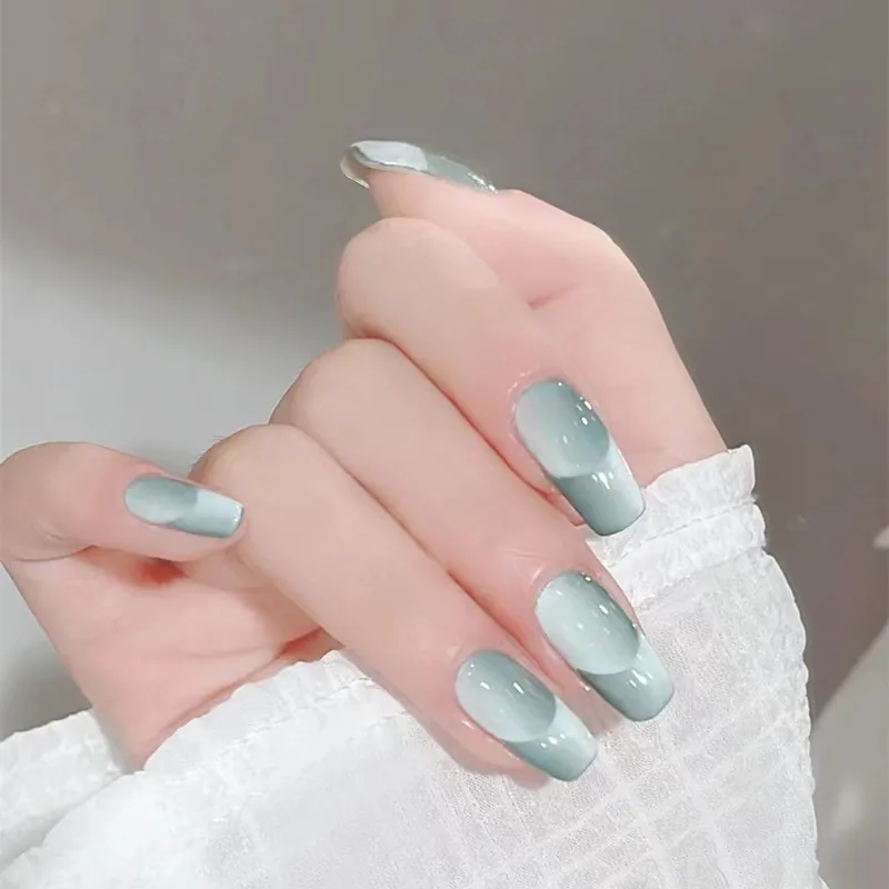 24шт Набор накладных ногтей French Blue Fashion Advanced Contrast Art, Накладные ногти с полным покрытием, накладные ногти с наклеиванием, Средние Искусственные