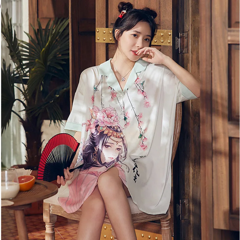 Ночная рубашка в китайском стиле, женская летняя пижама, шелк льда, атлас, Свободная рубашка, юбка, халат, Интимное белье, домашняя одежда с коротким рукавом