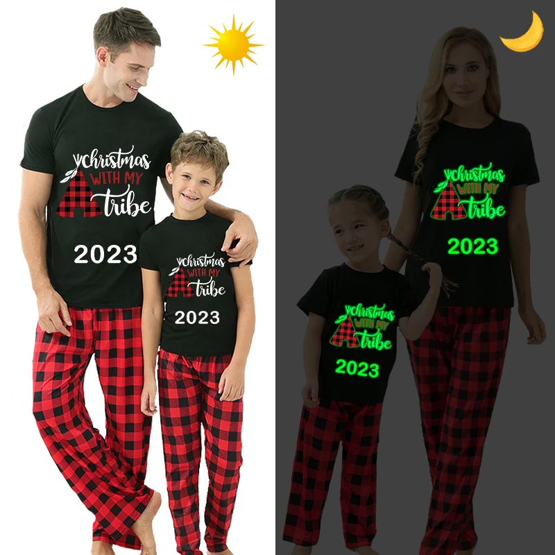 Семейные пижамы в тон Рождеству 2023 года, Светящийся Рождественский комплект с красной короткой пижамой My Tube