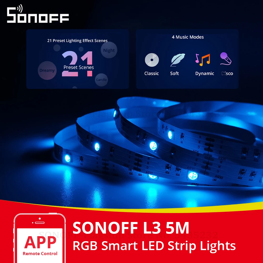 SONOFF L3 5M WiFi умная светодиодная лента Гибкая RGB подсветка Украшение светодиодной лампой Лента Танец с музыкальным режимом для Alexa Google Home