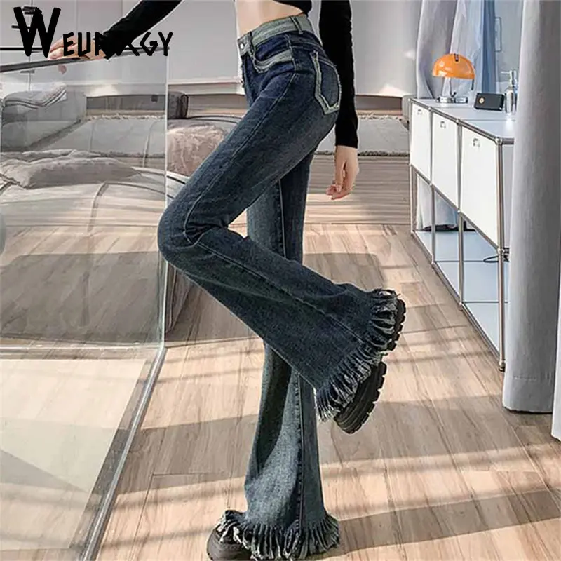 винтажный дизайн уличной одежды y2k denim расклешенные джинсы Женские рваные брюки-карго с кисточками женские брюки с высокой талией и широкими штанинами новые джинсы женские