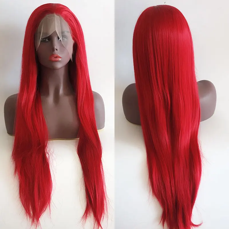 Синтетический Парик с кружевом спереди Огненно-красный, Длинные Шелковистые Прямые волосы из термостойкого волокна, натуральные волосы Без пробора для женских париков
