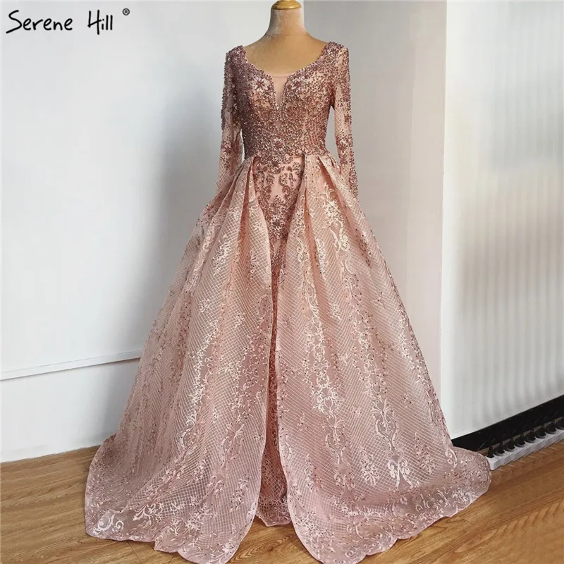 Serene Hill Розовое Вечернее Платье С V-образным вырезом, Расшитое Бисером и Кристаллами, 2023, Дубай, Роскошное Вечернее Платье С Длинными Рукавами CLA70424