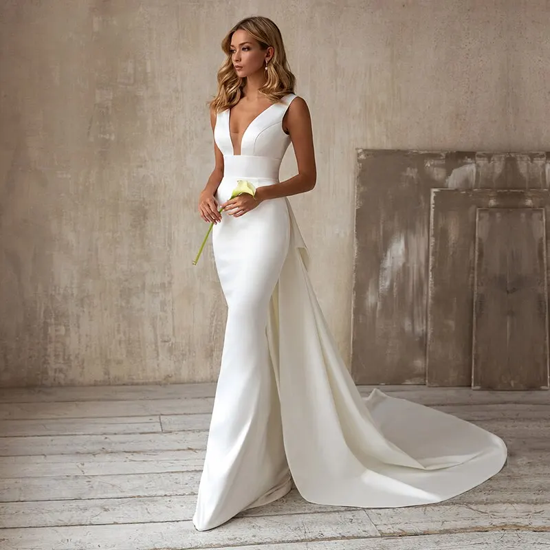 Элегантные свадебные платья Русалки 2023 года со съемным бантом на шлейфе, Белое Простое свадебное платье цвета слоновой кости с V-образным вырезом