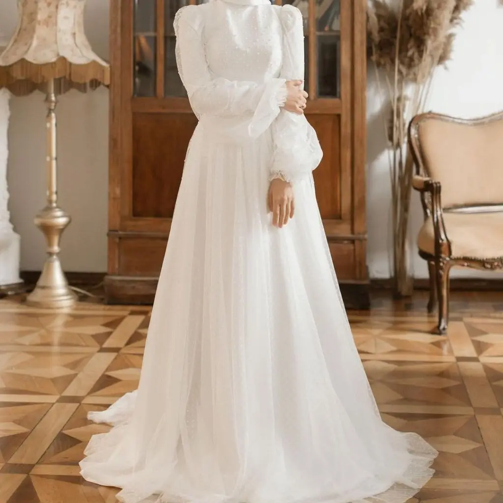 Классическое свадебное платье трапециевидной формы, скромный O-образный вырез, Длинные рукава, шнуровка сзади, свадебные платья, расшитое бисером мусульманское платье невесты на заказ SWD831