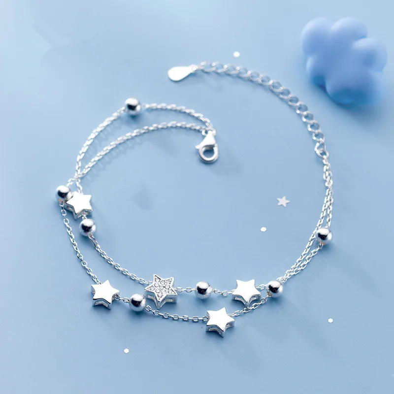 Двухслойный браслет-оберег из круглой бусины в виде звезды из стерлингового серебра 925 пробы, элегантные ювелирные браслеты для женщин