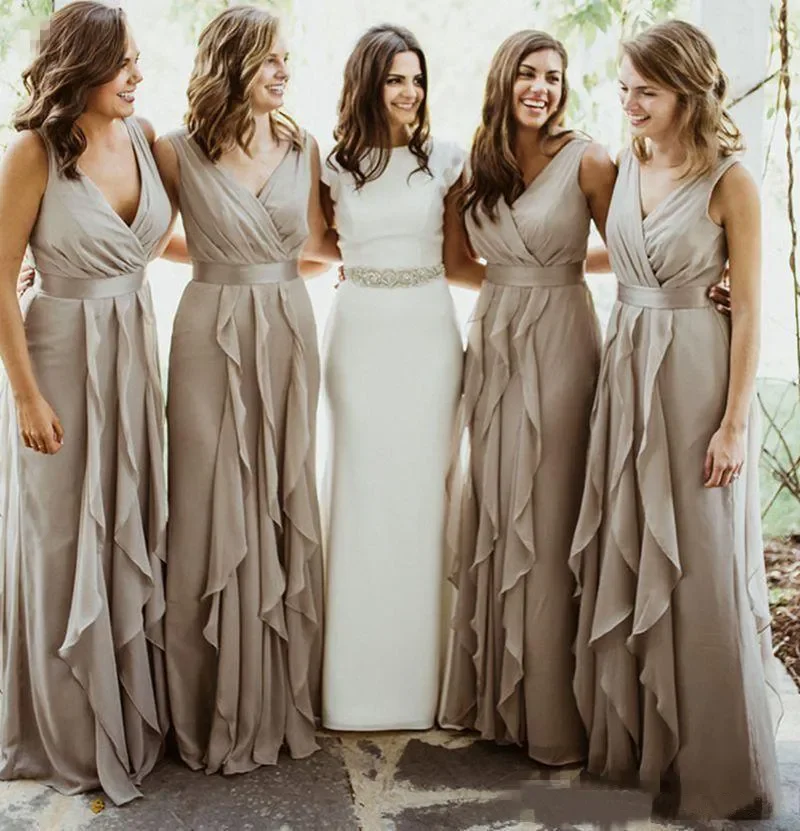 Шифоновые платья подружек невесты трапециевидной формы с V-образным вырезом длиной до пола, без рукавов, для свадебных вечеринок