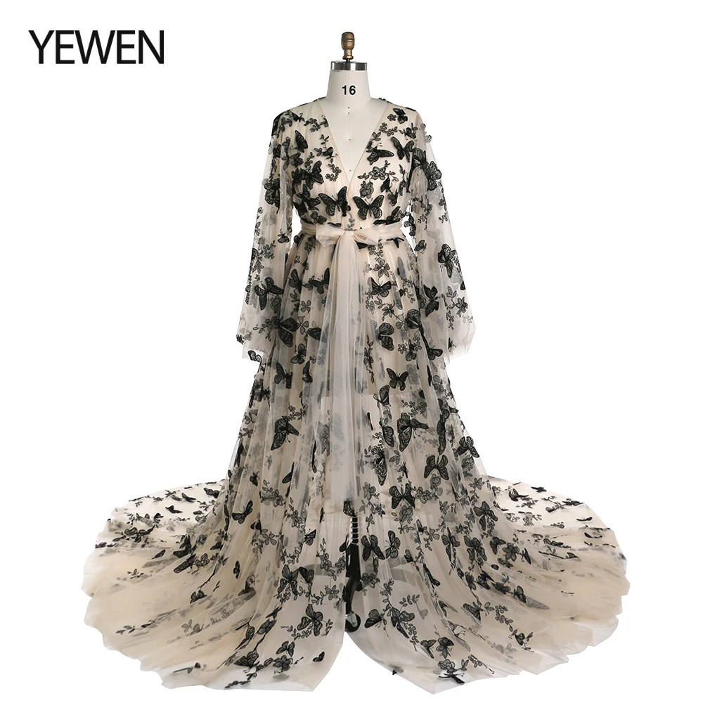 Черное кружевное вечернее платье с вышивкой в виде бабочки, Пляжный халат в стиле Бохо, Богемное платье для фотосъемки YEWEN