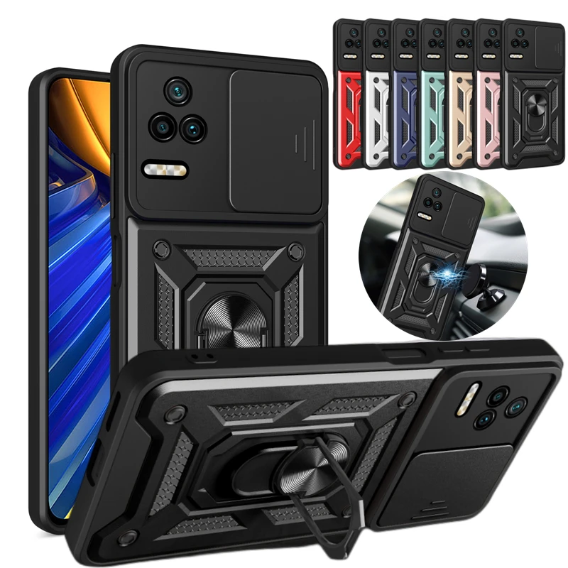 Для Xiaomi Poco F4 5G Case Slide Camera Armor Чехол Для Телефона Mi Pocophone Poko Poxo Little F 4 PocoF4 Автомобильный Держатель Кольца Задняя Крышка