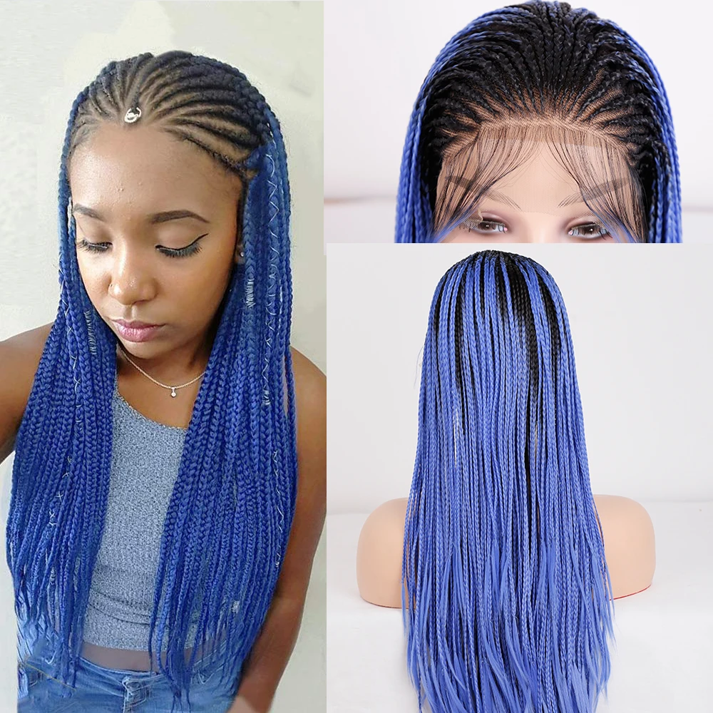 Косплей Плетение волос Парик 26 дюймов Плетеные парики для чернокожих женщин Омбре Синий синтетический кружевной парик с детскими волосами в коробке