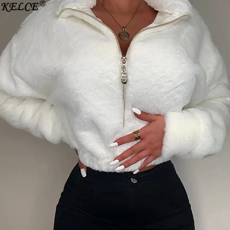 Модные женские повседневные свободные зимние укороченные топы, однотонный пуловер со стоячим вырезом и длинными рукавами на молнии, толстовка для девочек белого цвета