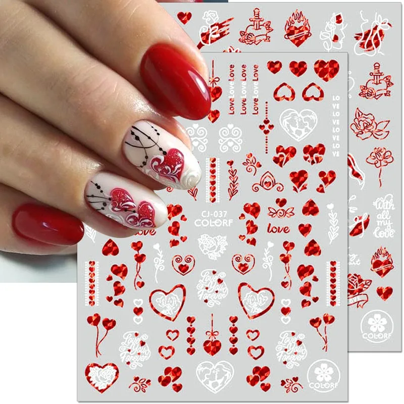 3D Лазерные наклейки для ногтей с красным сердцем, Валентинки, наклейки для ногтей, Любовные сердечки, Розово-красные Губы, дизайн ногтей, самоклеящиеся наклейки для ногтей