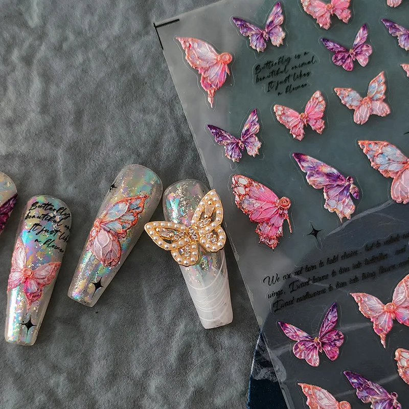 Реалистичные рельефные наклейки 1ШТ 5D, красивые цветочные наклейки в виде розового персикового цветка, бабочки, наклейки для ногтей, самоклеящиеся украшения для маникюра своими руками