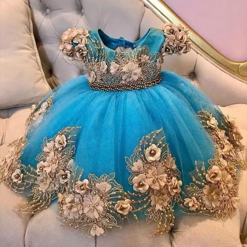 Синие платья для маленьких девочек-цветочниц с коротким рукавом и жемчугом Детское платье принцессы для первого причастия длиной до колен Платье для крещения малышей