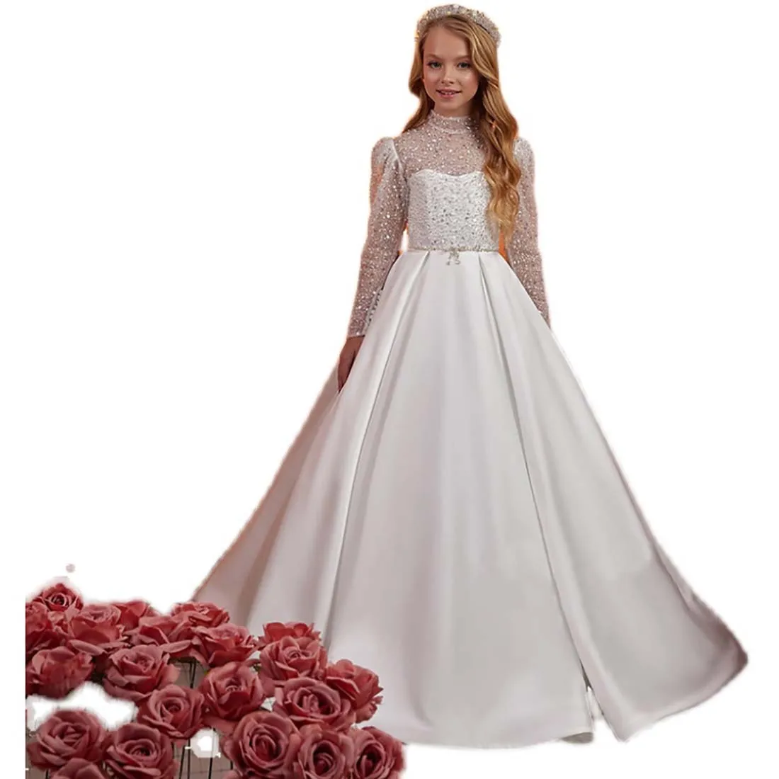 YZYmanualroom Платье с цветочным узором для девочек, длинные рукава, высокий вырез, белое роскошное детское праздничное платье для девочек, вечернее платье