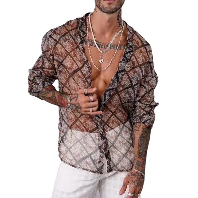 Летняя мужская рубашка из плотной сетки с принтом ананаса, мужские рубашки с длинным рукавом и воротником-стойкой, 2023, тонкие дышащие повседневные мужские облегающие рубашки