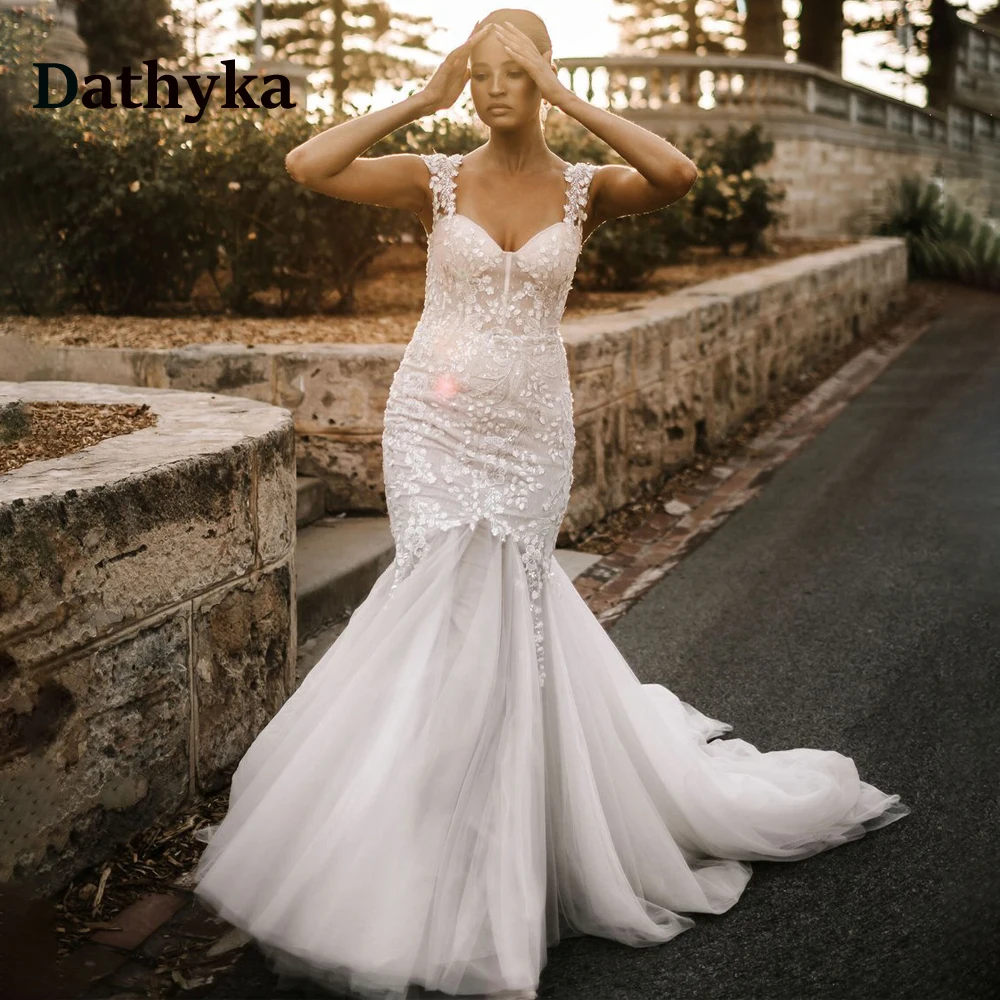 Dathyka Sexy Scoop Свадебные платья из тюля Русалки для женщин 2023 Невесты Классические Кружевные аппликации на бретелях с открытой спиной Vestidos De Novia