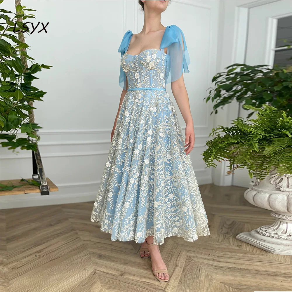 LSYX элегантных бретельках вечернее платье 2023 кружева аппликации линии лодыжки длина спинки простой тюль Пром платье