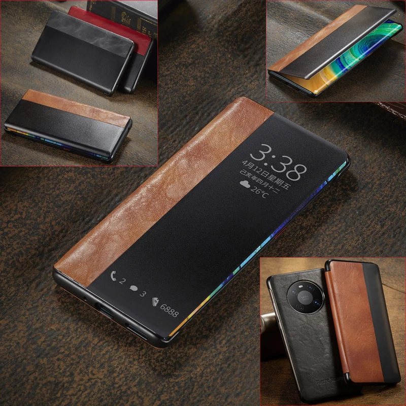 Модный тонкий откидной чехол для Huawei Mate 40 Pro 30 P40 P30, роскошный кожаный чехол для телефона в стиле ретро с умным окном и автоматическим переходом в режим сна.