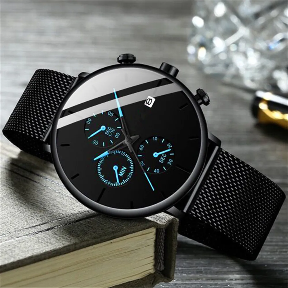 Модные минималистичные часы 2022 года Мужские ультратонкие синие часы с сетчатым поясом из нержавеющей стали Мужские деловые повседневные кварцевые наручные часы