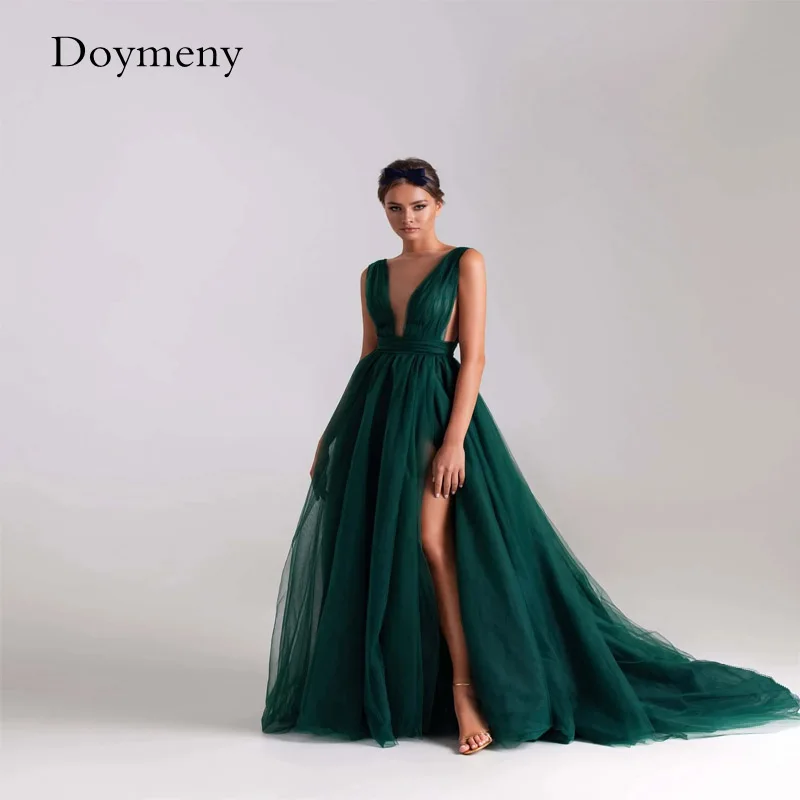 Doymeny 2023 Элегантное Тюлевое платье для выпускного вечера, Многоцветное, сексуальное, с V-образным вырезом, без спинки, с бантиками, без рукавов, с высоким разрезом