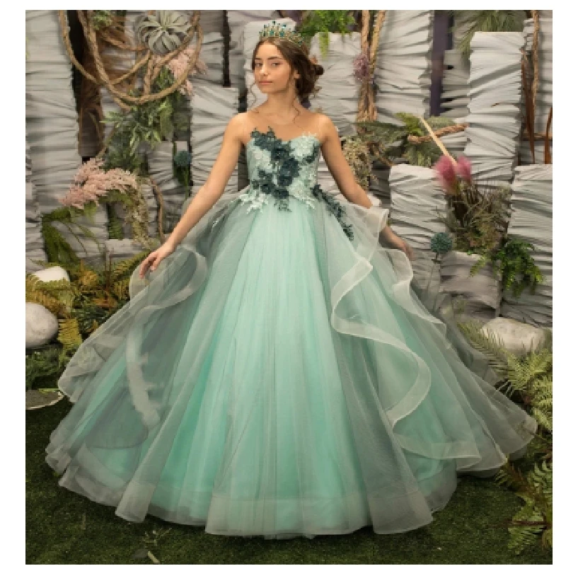 Зеленое бальное платье, платья для девочек в цветочек, аппликации для свадебной вечеринки, Бусины, Цветы, Праздничный халат для принцессы на День рождения, Выпускной ужин