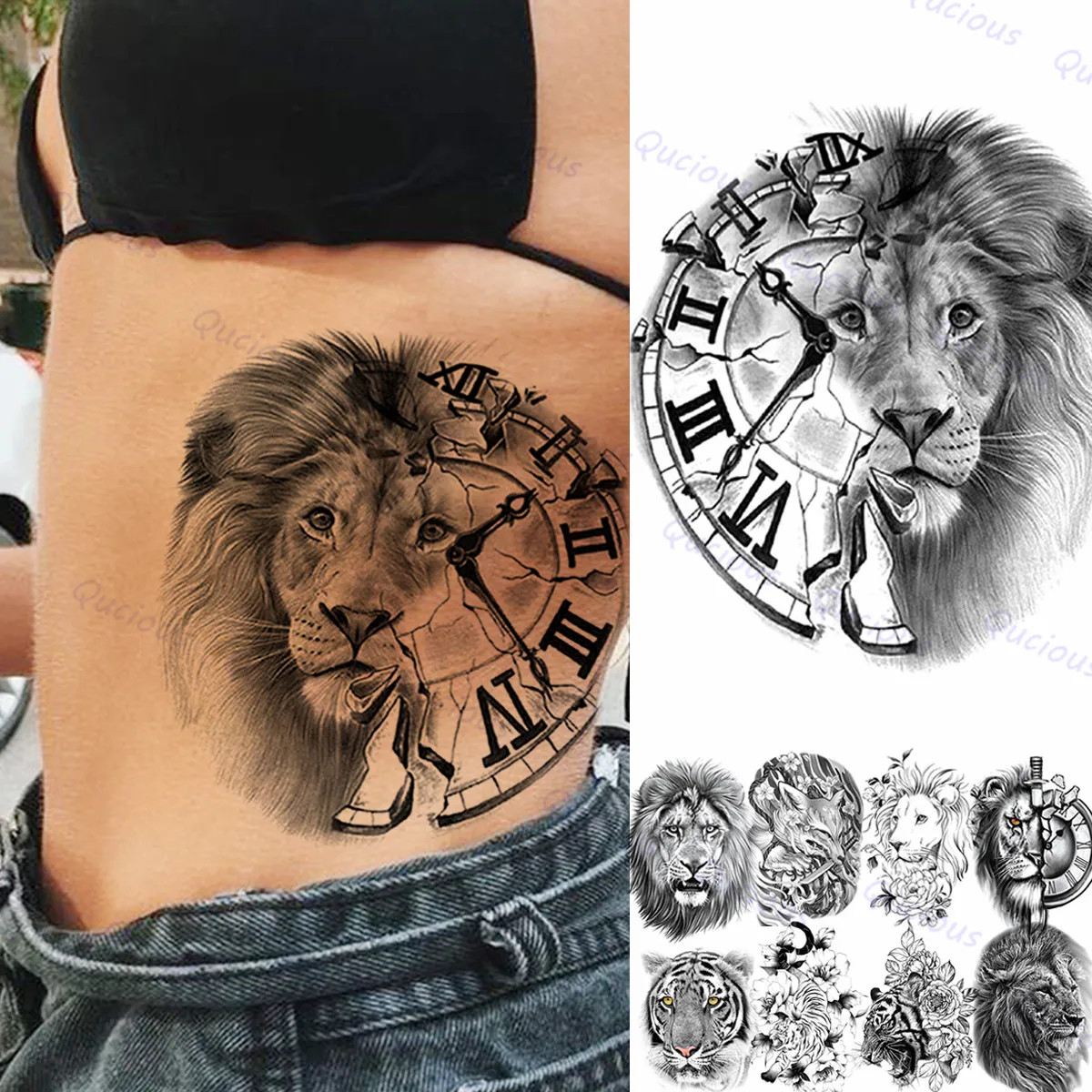 Сексуальные Временные татуировки со Львиным Компасом Для женщин и мужчин, Поддельные Наклейки с татуировками в виде цветов Тигра и Лисы, Реалистичные Татуировки на талии, спине, руках, боди-арт