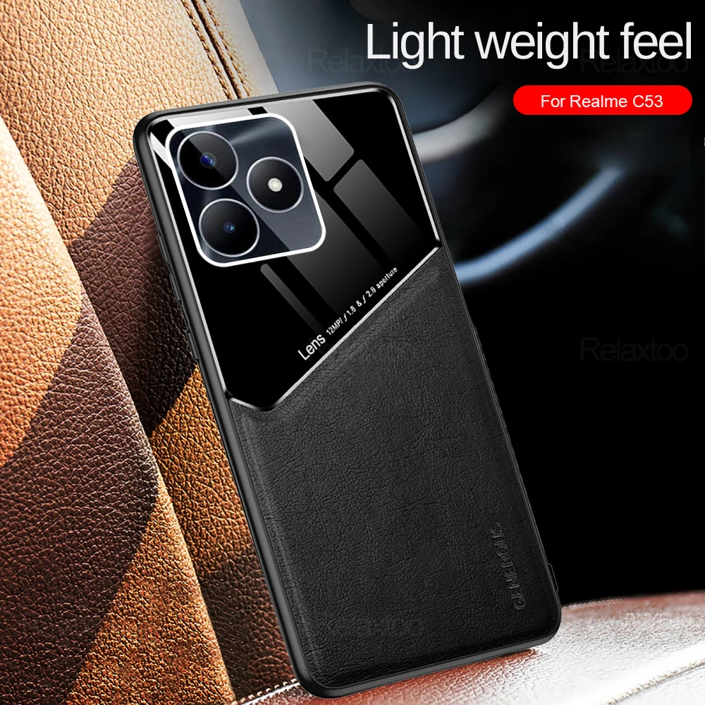 Мягкий кожаный чехол для телефона Realme C53, устанавливаемый в автомобиле на магнитной присоске, задняя крышка realme с полной защитой линз, силиконовый чехол